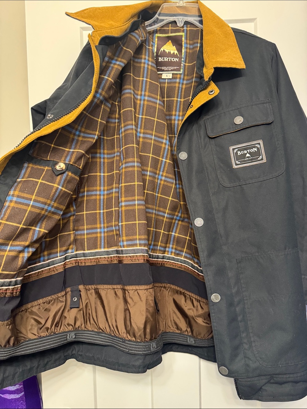 Burton Dryride Black Jacket with corduroy Collar and Brown Plaid Lining